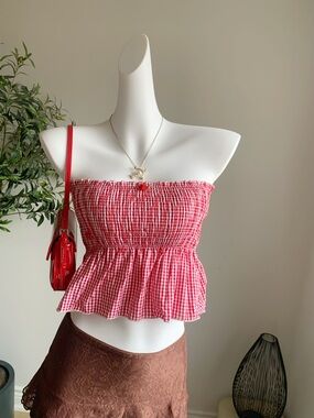 Edikted Red Gingham Strapless Smocked Tube Top S NWT Cute